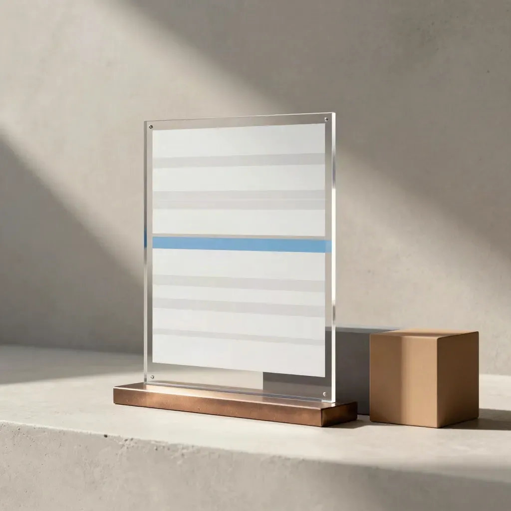 Landing page mockup panel on a bronze base with blue accents in a hazy studio.