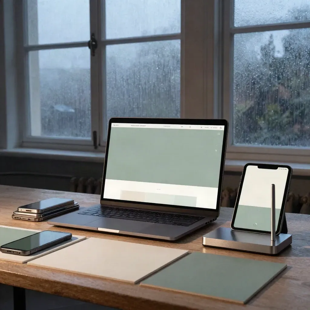 Moody North London studio with laptop, device mockups and blank hero board in rain haze.
