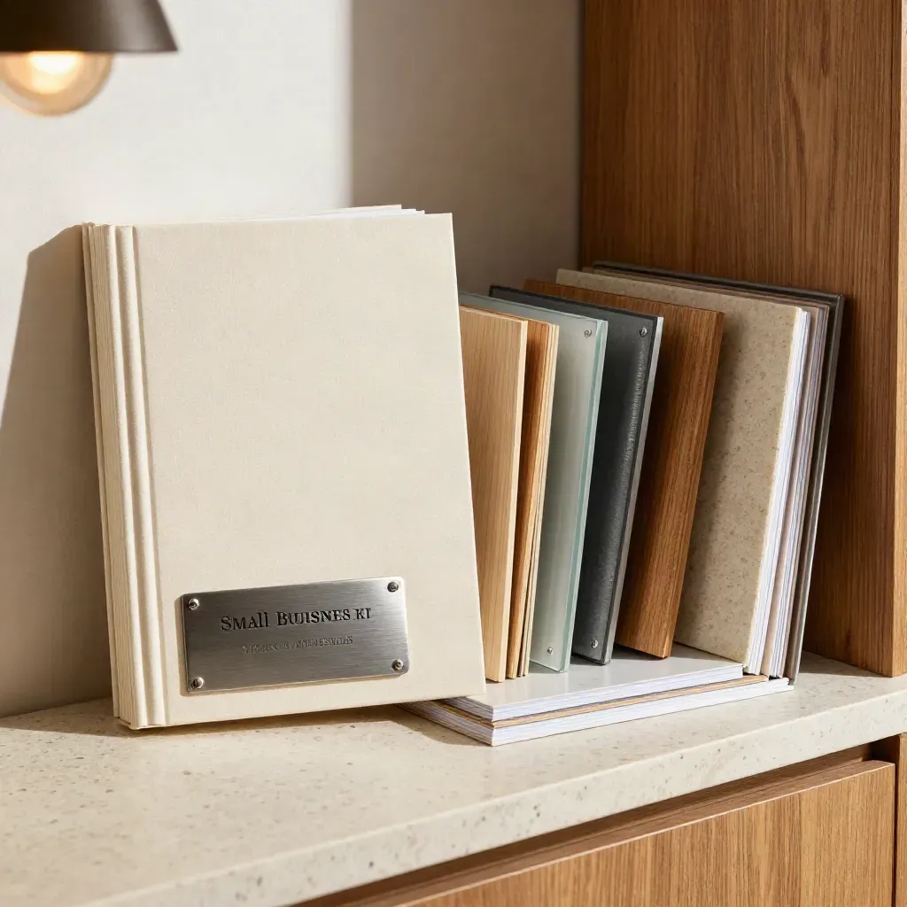 Blank dividers, turned-away address plaque and storefront material samples on a travertine shelf.