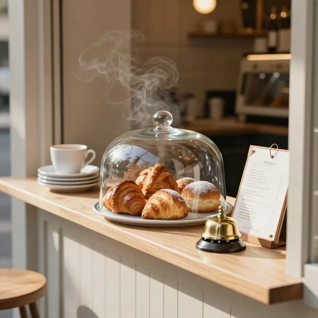 Elegant cafe host stand with pastries, saucers, a brass bell, and menu boards in warm steam.