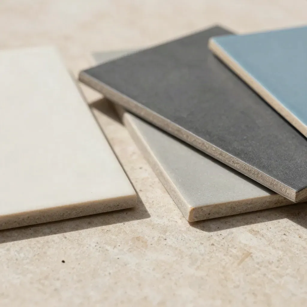 Top-down macro of colour swatches, ceramic tiles, and metal trim on warm stone.