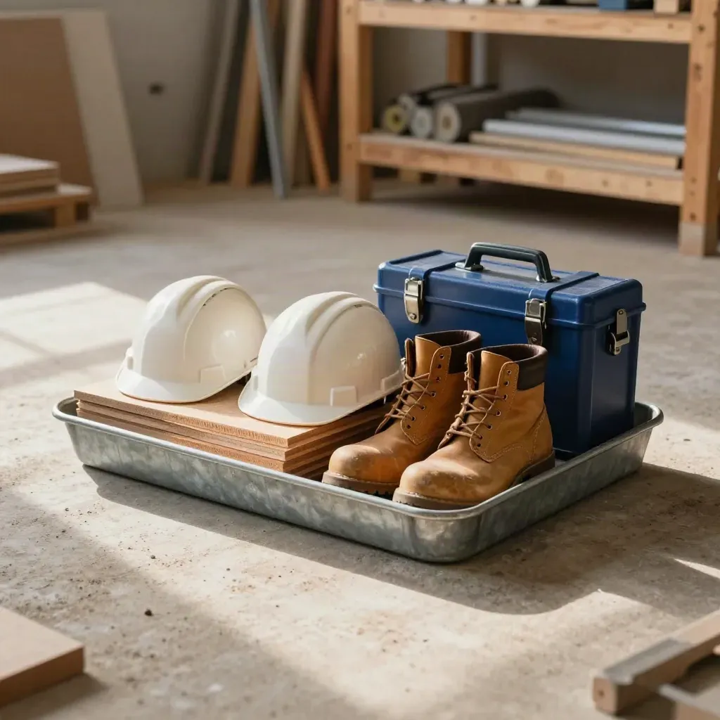 Floor-level workshop still life with hard hats, timber, boots, and a navy project box on concrete.