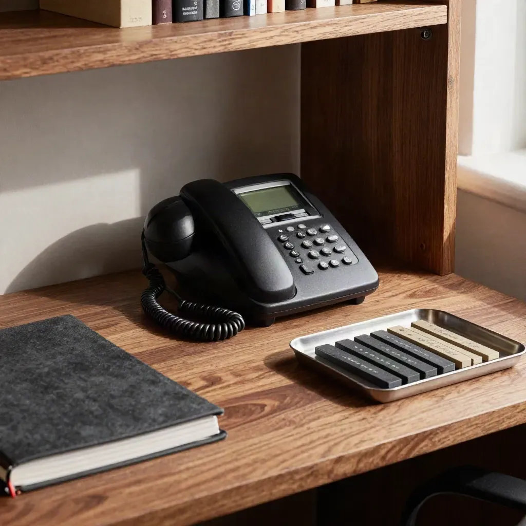 Moody home-office coaching corner with a leather chair, desk phone, and slate tokens in lamplight.