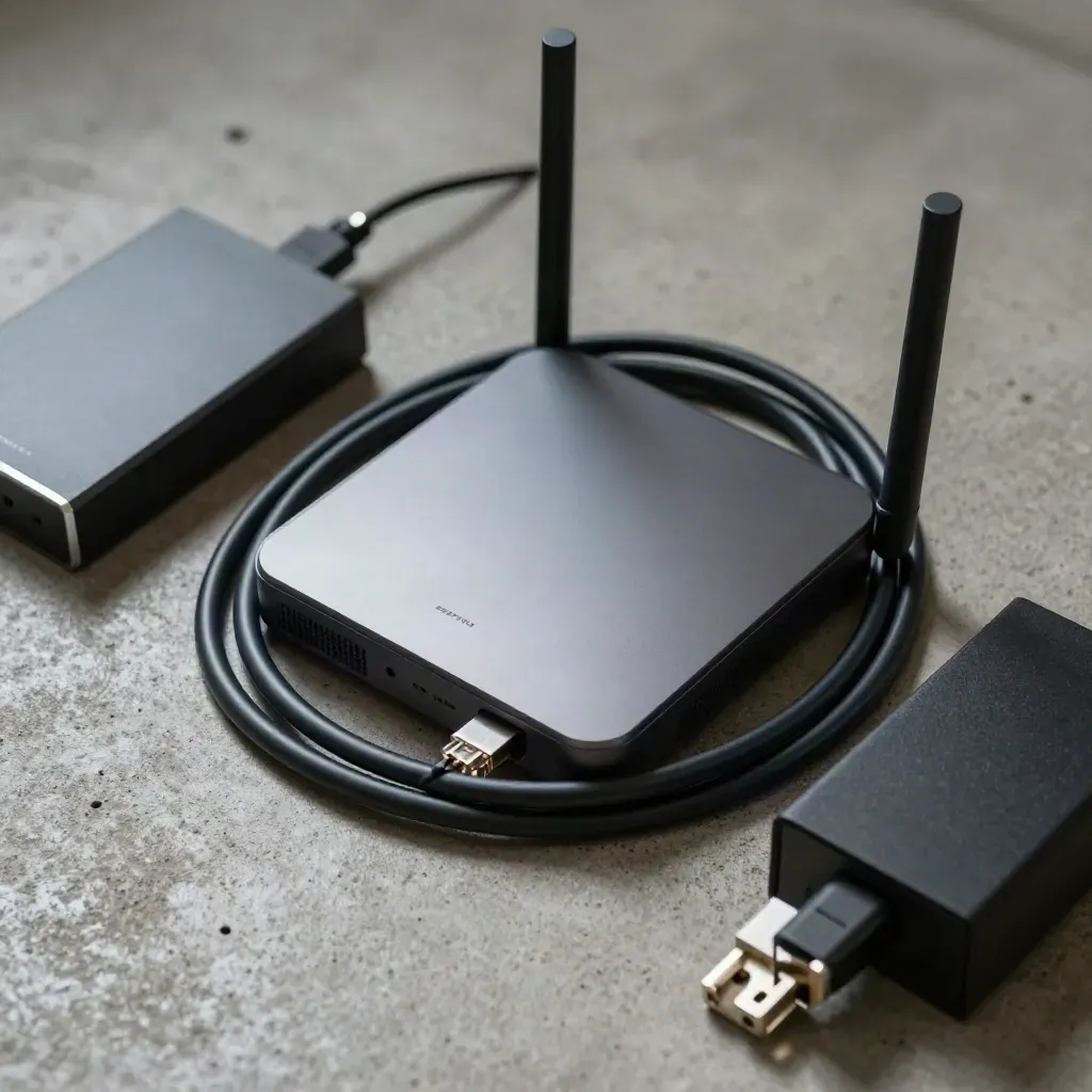 Router, ethernet cable, backup drive and plugs on brushed concrete in macro close-up.