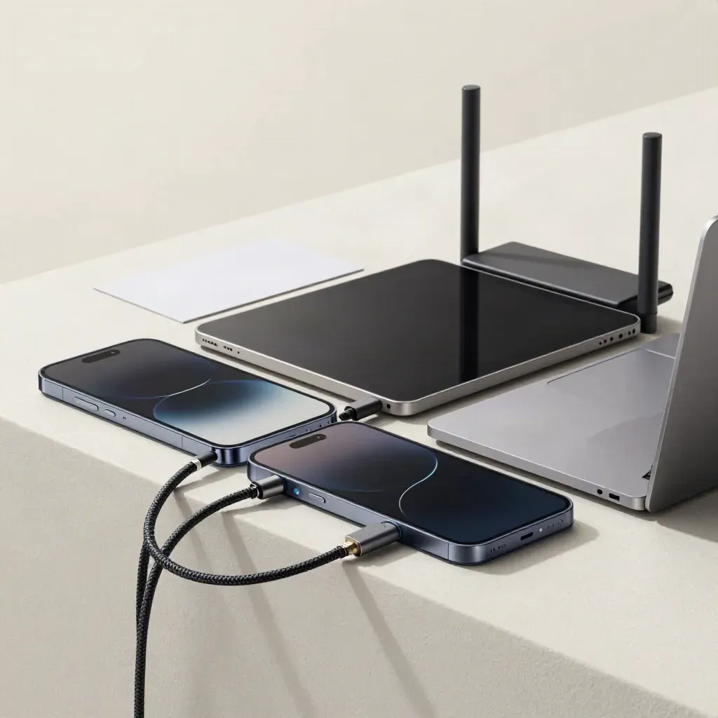 Phone, tablet, laptop shell and router with sky-blue status light on a plaster sweep.