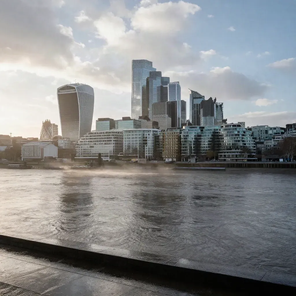 London skyline above the Thames with mist, wet embankment, and calm copy space.