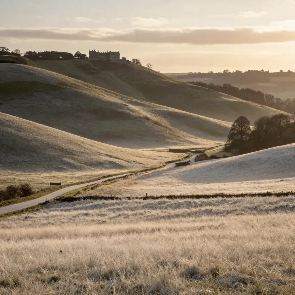 Golden Surrey downs with a manor roofline, chalk path and hazy valley at sunset.